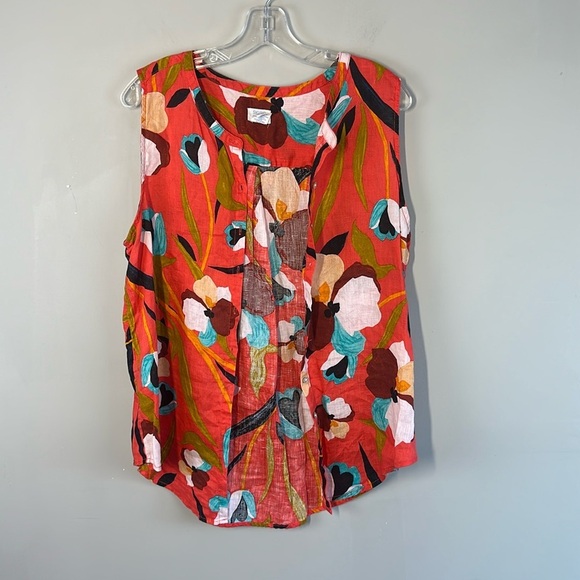 Sigrid Olsen Floral Linen Orange Sleeveless Top Size L Button Down - Picture 3 of 12